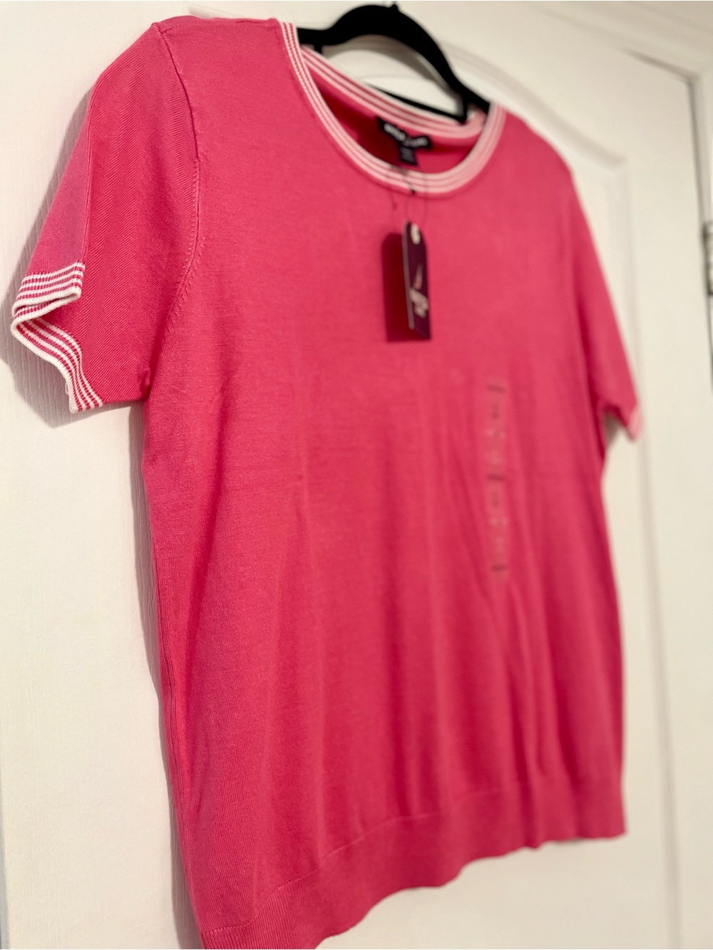 NWT Nautica Women's Bright Pink Short Sleeve Knit Top w/ Striped Trim Size Large